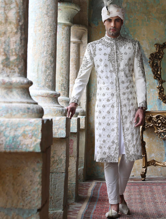 OFFWHITE RAWSILK EMBROIDERED SHERWANI