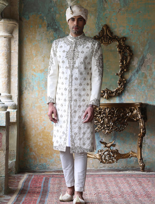 OFFWHITE RAWSILK EMBROIDERED SHERWANI