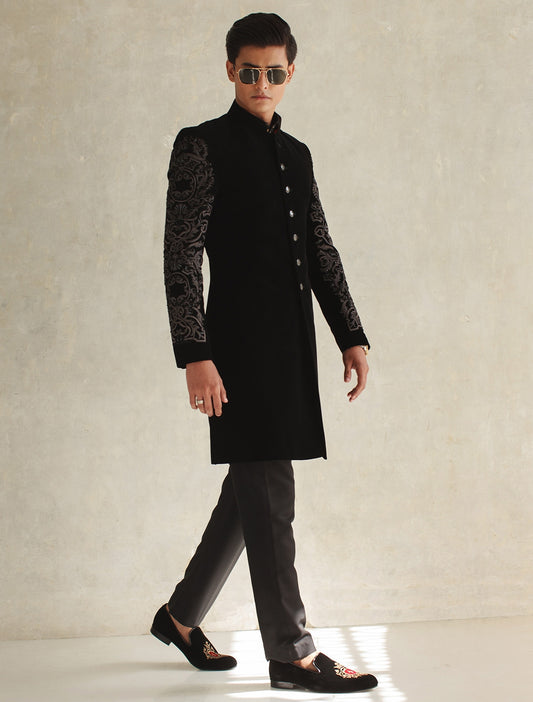 BLACK VELVET SHORT LENGTH SHERWANI