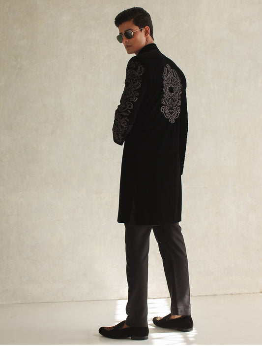 BLACK VELVET SHORT LENGTH SHERWANI