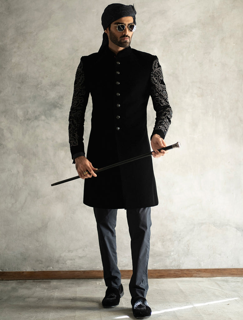 CHEVRON WOVEN LINEN SHORT SHERWANI