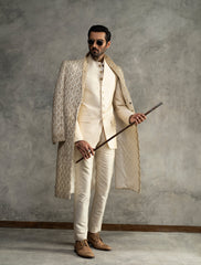 LIMITED EDITION OFFWHITE RAWSILK SHERWANI WITH DINNER JACKET LAPELS