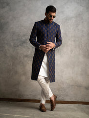 NAVY BLUE KARANDI JAMAWAR FULLY HAND EMBROIDERED SHERWANI