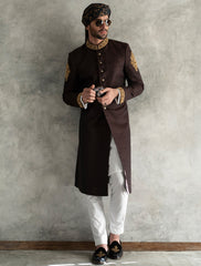 BROWNISH MAROON KARANDI JAMAWAR SHERWANI