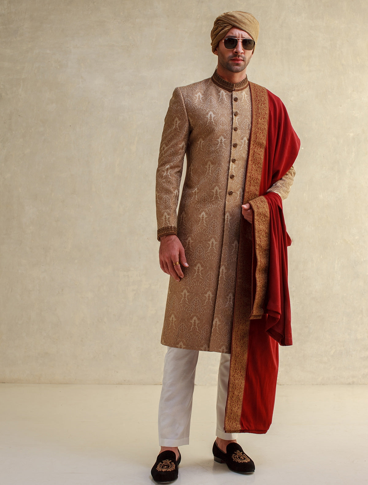 BEIGE JACQUARD EMBROIDERED SHERWANI