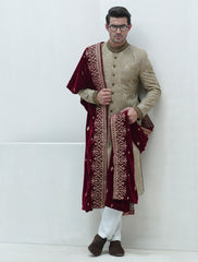 BEIGE JACQUARD EMBROIDERED SHERWANI
