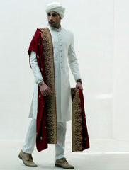 OFFWHITE RAWSILK EMBROIDERED FABRIC SHERWANI