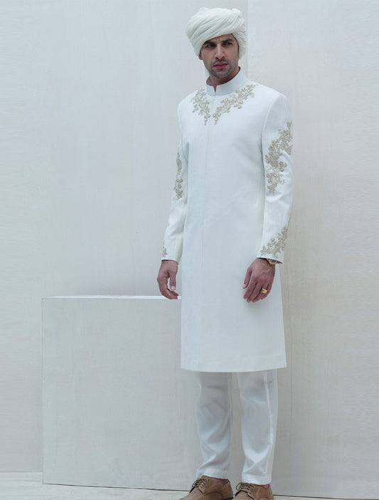 OFFWHITE SHERWANI WITH INTRICRATE EMBROIDERY ON FRONT SLEEVES AND BACK