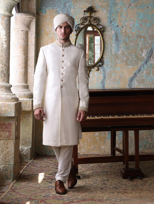 OFFWHITE RAWSILK EMBROIDERED SHERWANI