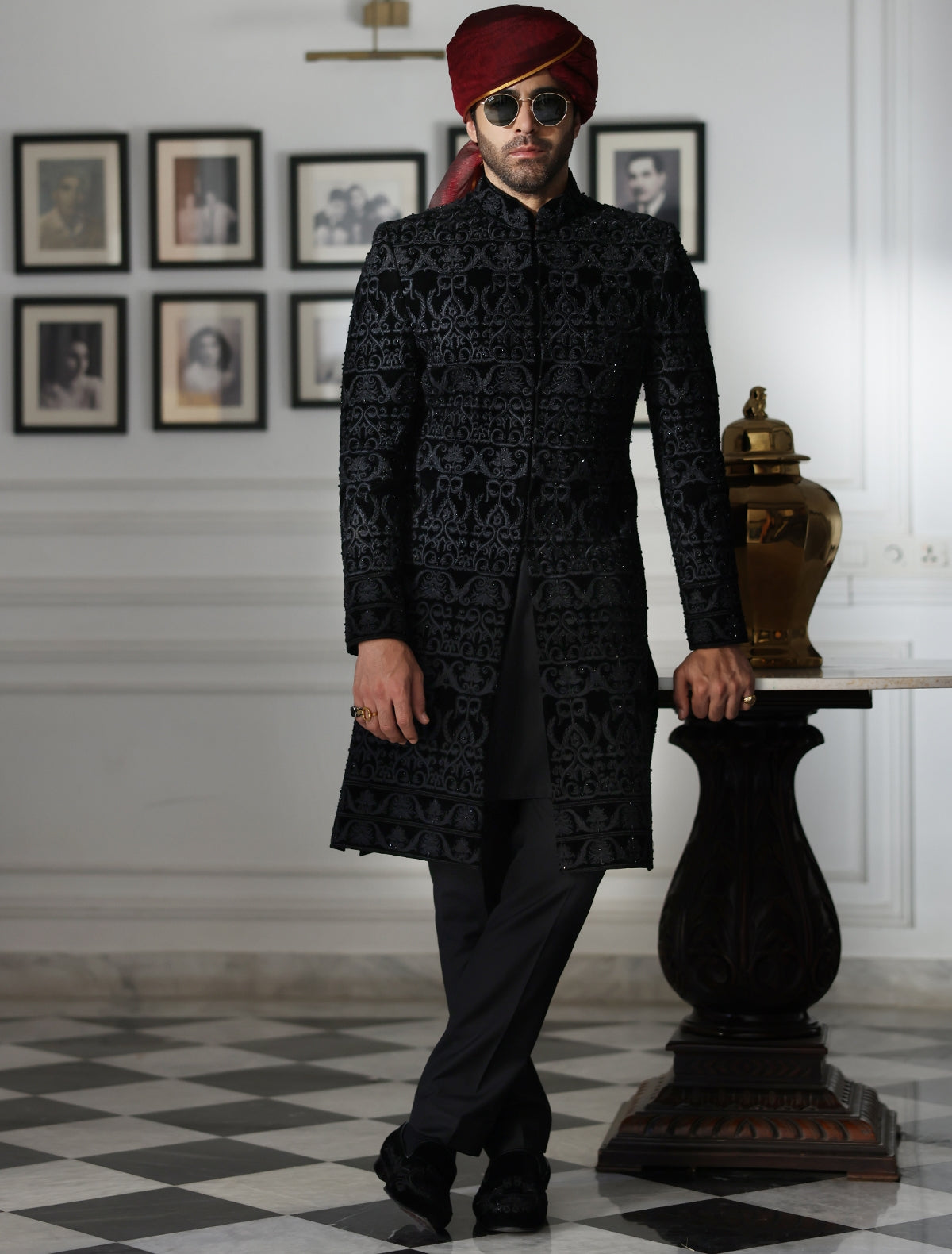 BLACK VELVET HEAVY EMBROIDERED SHERWANI