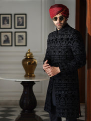 BLACK VELVET HEAVY EMBROIDERED SHERWANI