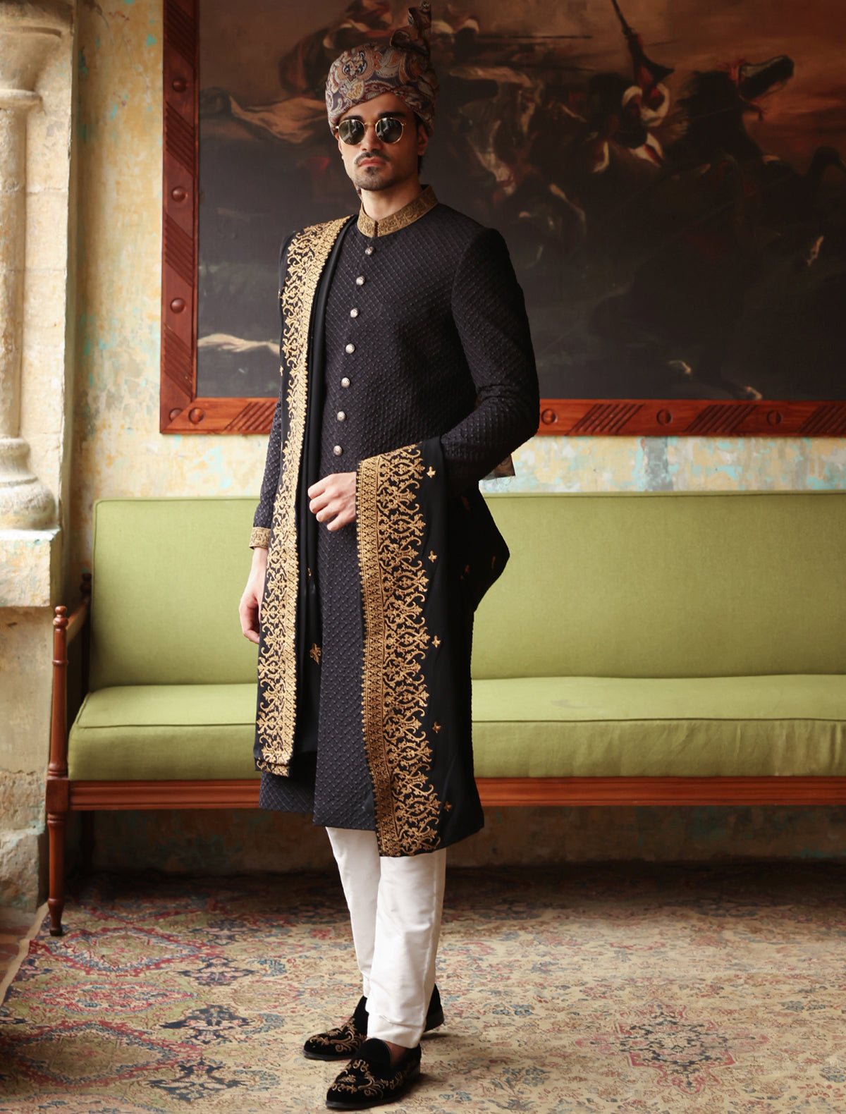 BLACK CHECK DOTS EMBROIDERED SHERWANI