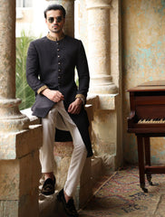 BLACK CHECK DOTS EMBROIDERED SHERWANI