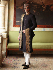 BLACK CHECK DOTS EMBROIDERED SHERWANI