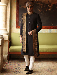 BLACK CHECK DOTS EMBROIDERED SHERWANI