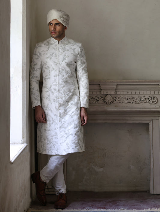 WHITE HEAVY EMBROIDERED SHERWANI