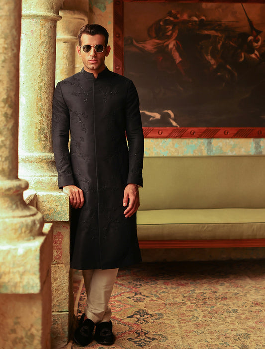 BLACK HAND EMBROIDERED SHERWANI