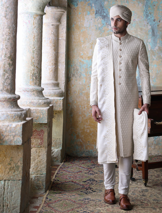 OFFWHITE ROPE EMBROIDERED SHERWANI