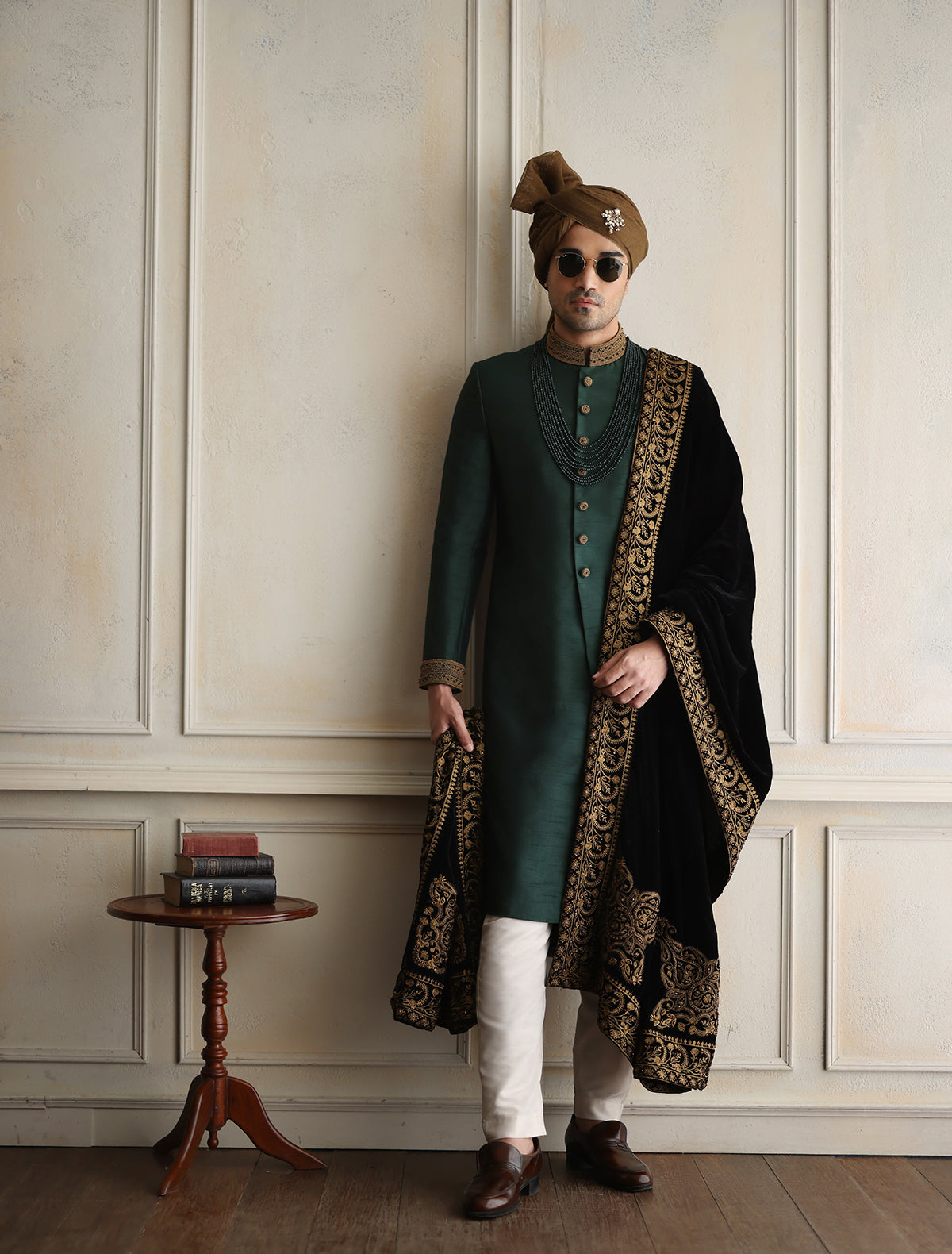 EMERALD GREEN RAW SILK SHWERWANI