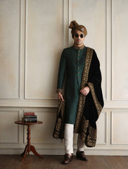 EMERALD GREEN RAW SILK SHWERWANI