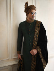 EMERALD GREEN RAW SILK SHWERWANI