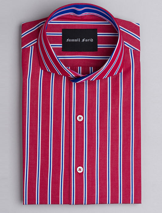 RED-BLUE  MULTI-STRIPE SPREAD COLLAR SHIRT