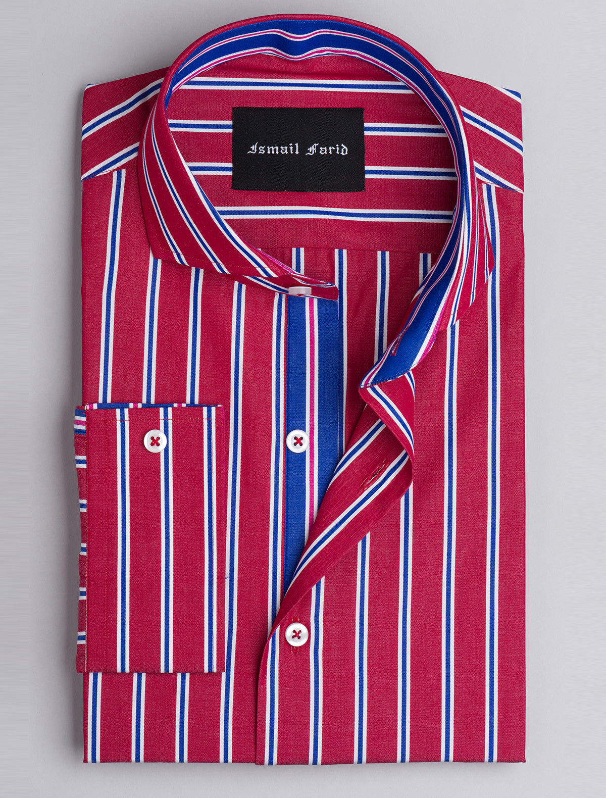 RED-BLUE  MULTI-STRIPE SPREAD COLLAR SHIRT