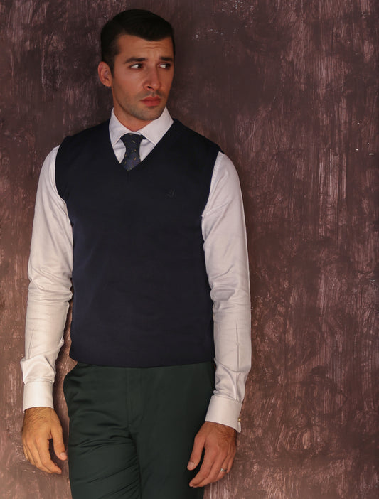 NAVY BLUE V NECK SLEEVE LESS SWEATER