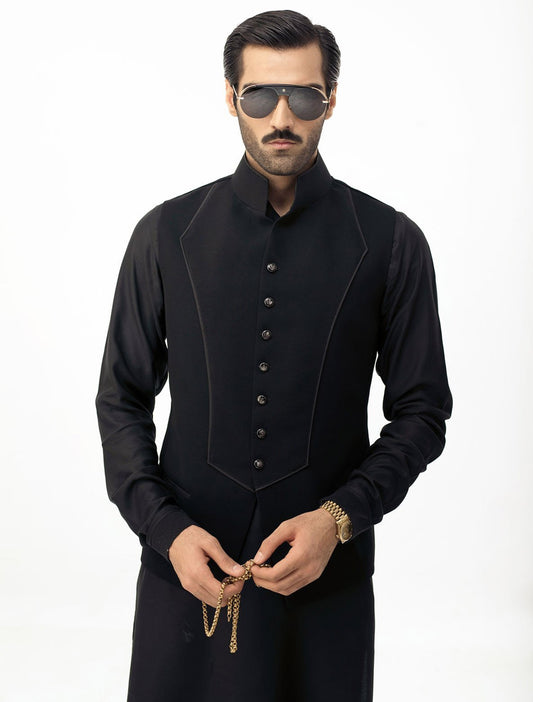 BLACK FRONT PANEL WAISTCOAT