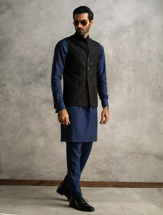 BLACK RAW SILK BOOTI EMBROIDERY WAISTCOAT