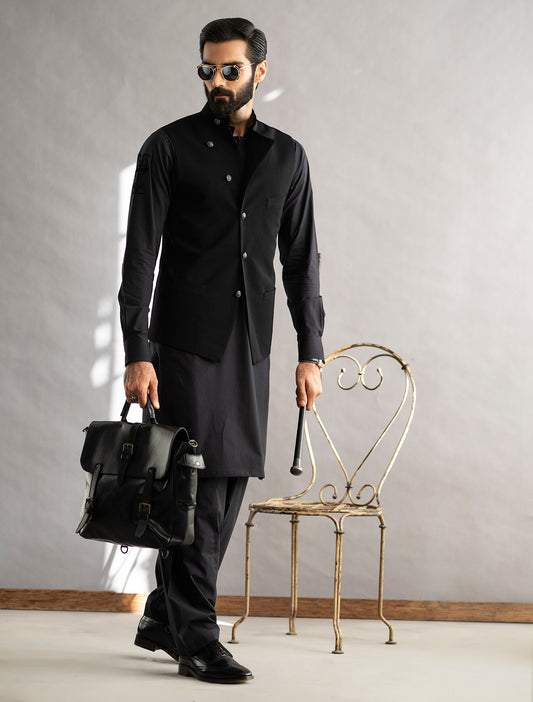 JET BLACK CROSS-FRONT WAISTCOAT