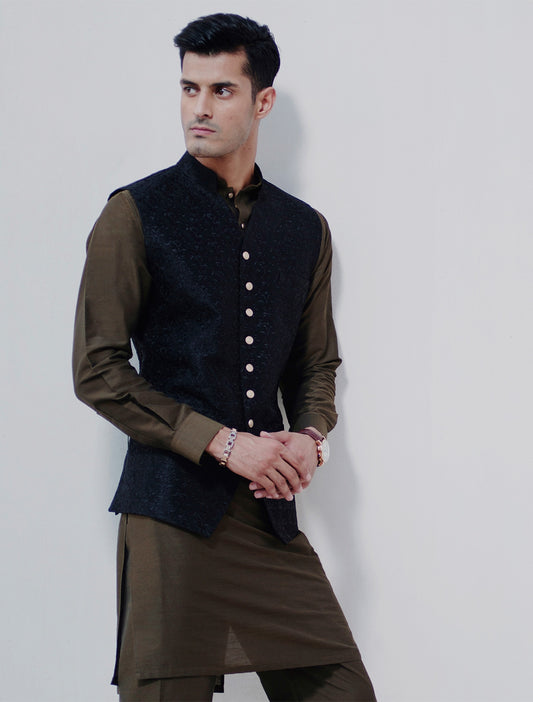 BLACK RAWSILK EMBROIDERED WAISTCOAT