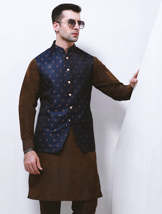 BLUE JAMAWAR WITH RUST BOOTI WAISTCOAT