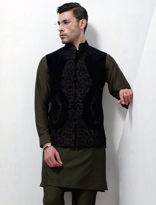 BLUE VELVET EMBROIDERED WAISTCOAT