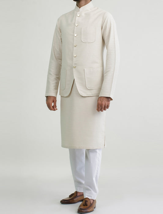OFF WHITE KARANDI WAISTCOAT WITH HAND STITCHED PATCH POCKETS
