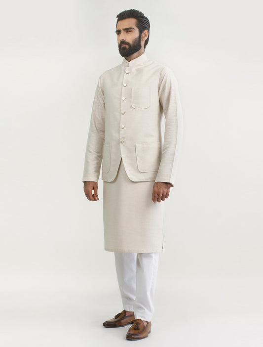 OFF WHITE KARANDI WAISTCOAT WITH HAND STITCHED PATCH POCKETS