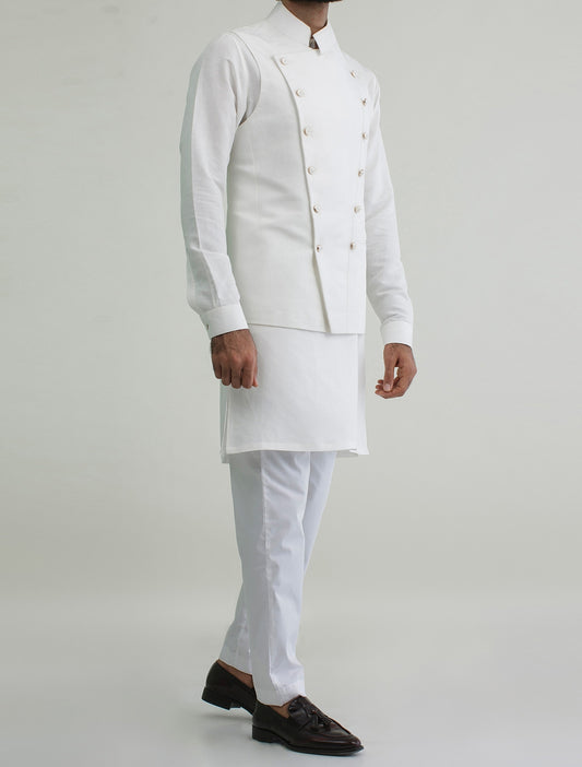 WHITE DOUBLE BREASTED MILITARY STYLE LINEN WAISTCOAT