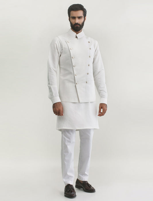 WHITE DOUBLE BREASTED MILITARY STYLE LINEN WAISTCOAT