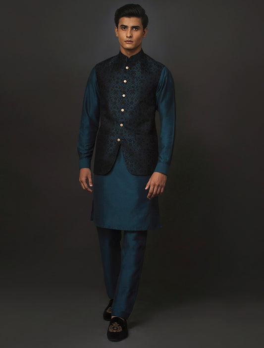 TURQUOISE WITH BLACK JAMAWAR WAISTCOAT