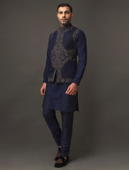 NAVY RAWSILK EMBROIDERED WAISTCOAT