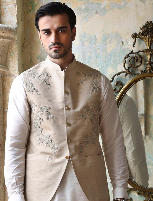 BEIGE HEAVY EMBROIDERED WAISTCOAT