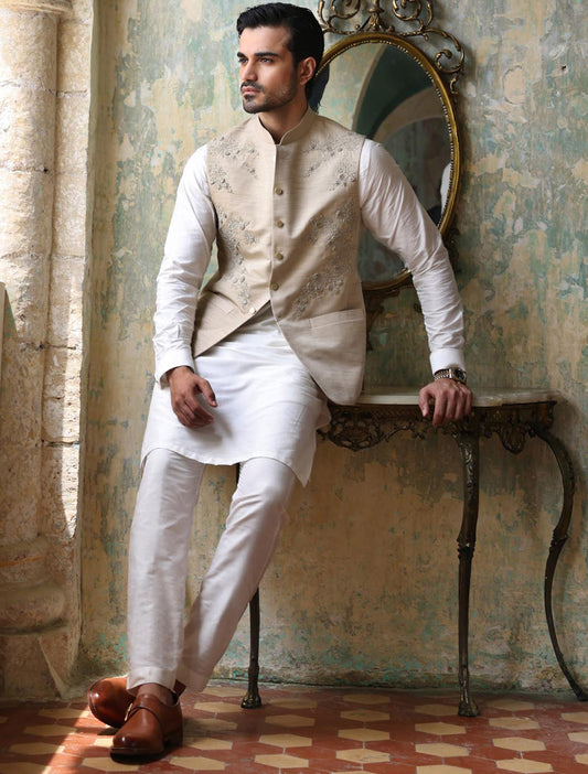 BEIGE HEAVY EMBROIDERED WAISTCOAT