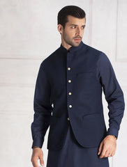 NAVY SELF MESH EMBROIDERED WAISTCOAT
