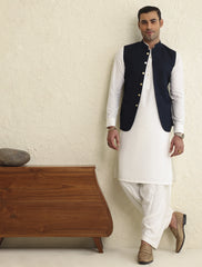NAVY SELF MESH EMBROIDERED WAISTCOAT