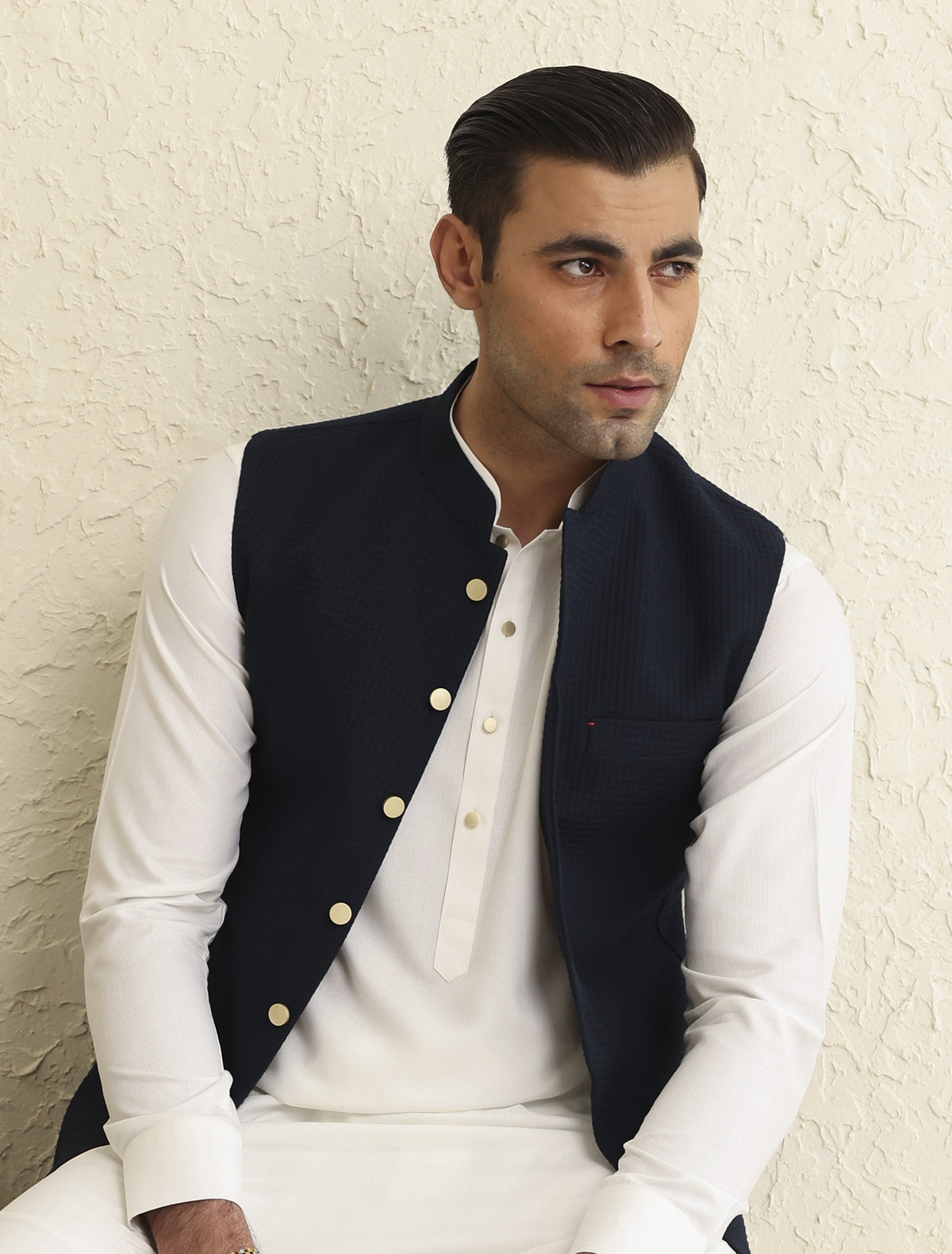 NAVY SELF MESH EMBROIDERED WAISTCOAT