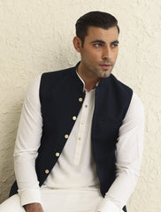 NAVY SELF MESH EMBROIDERED WAISTCOAT