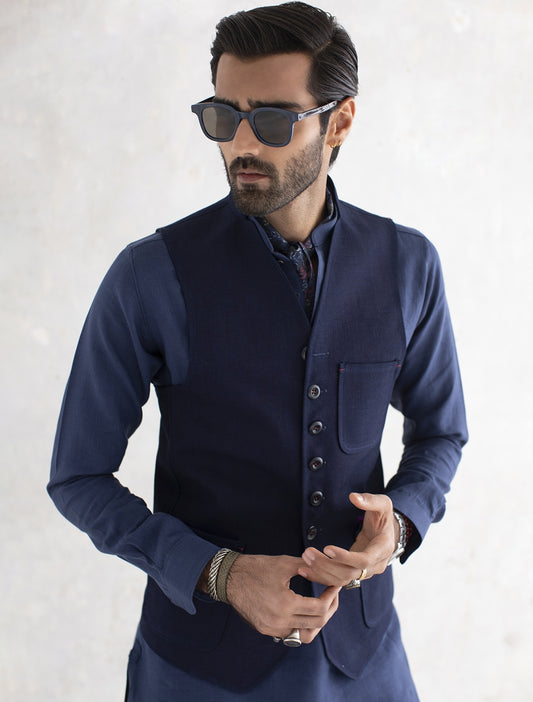 NAVY LINEN PATCH POCKET WAISTCOAT