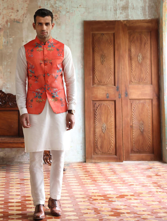 REDDISH ORANGE PRINTED WAISTCOAT