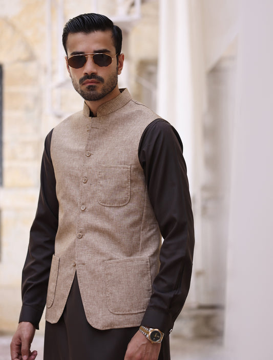 BEIGE PREMIUM LINEN TEXTURED WAISTCOAT