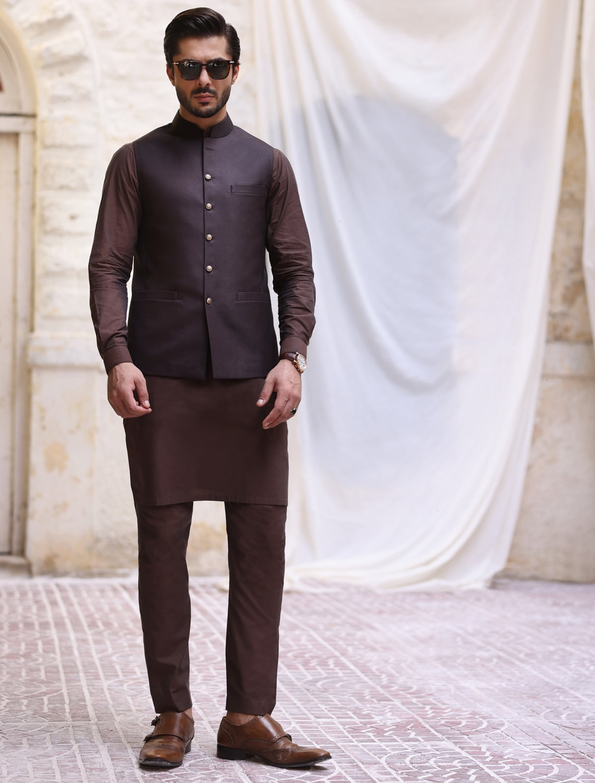 Brown Shalwar Kameez With Maroon Waistcoat CLASSIC MAROON TEXTURED